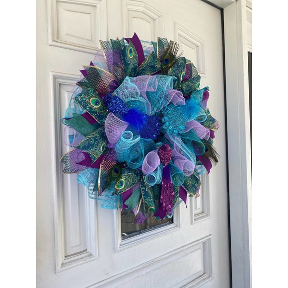 Peacock Feathers Deco Mesh Ribbon Wreath Year Round Everyday Wall Hanger Decor - Picture 7 of 9